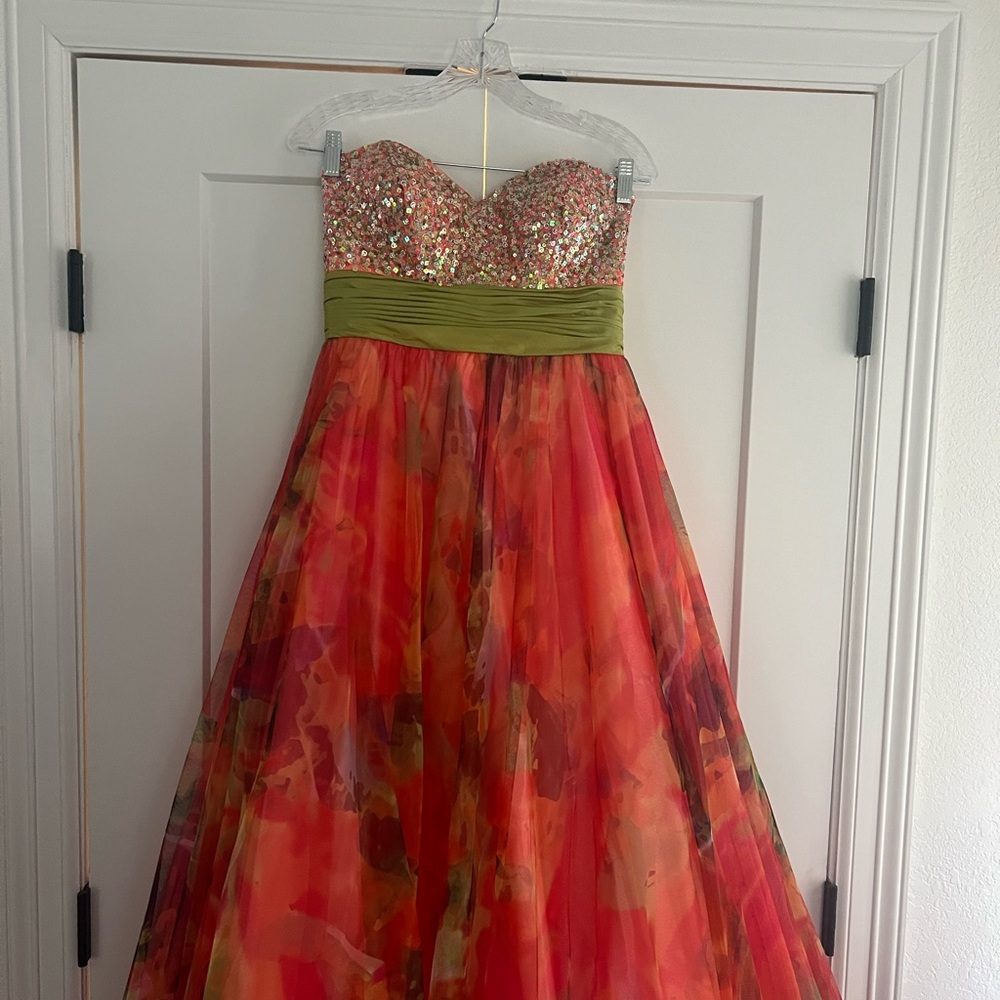 Jovani Gold and Green Sequin Tiered Prom Gown